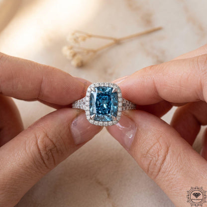 Cushion Cut Fancy Vivid Blue Split Shank Pave Set Halo Ring
