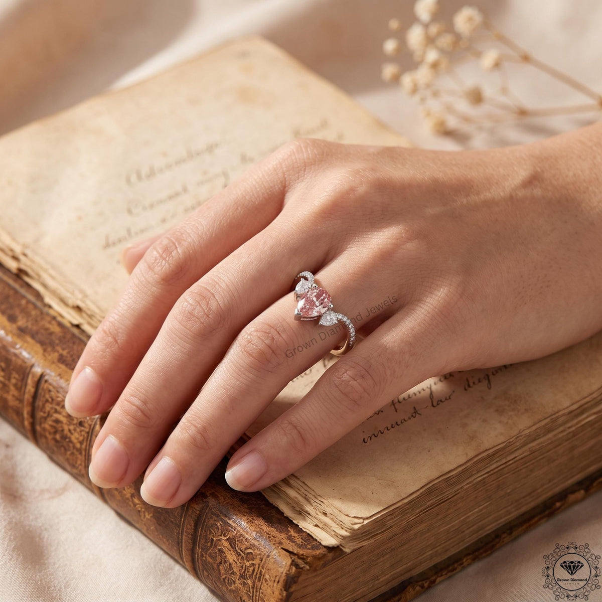 Pink Pear Lab Grown Diamond Three Stone Engagement Ring