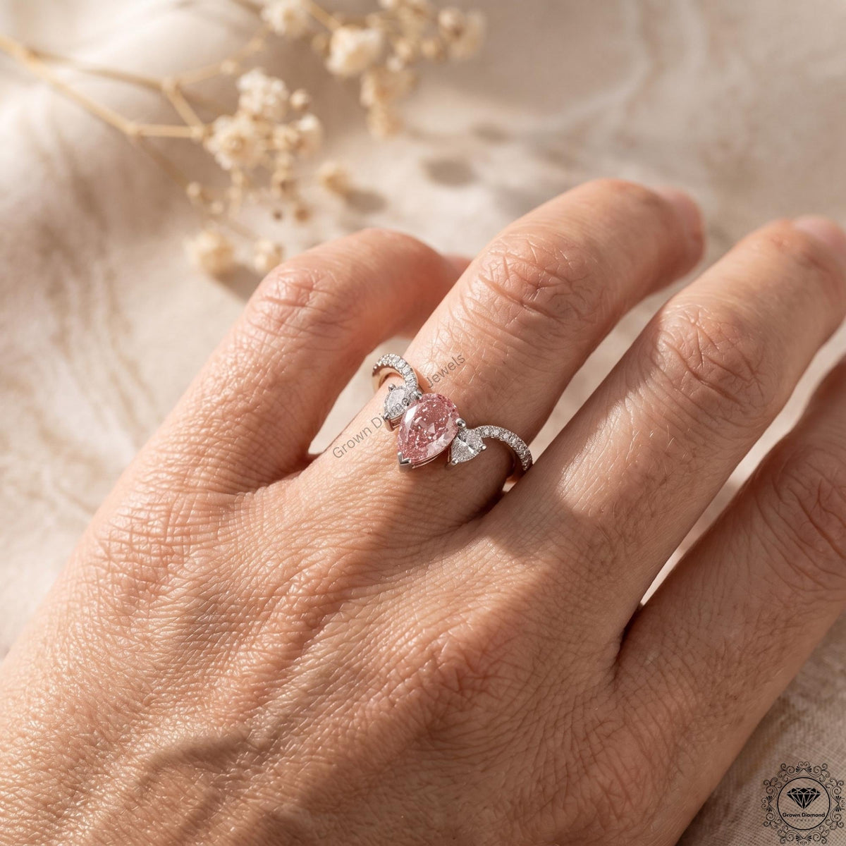Pink Pear Lab Grown Diamond Three Stone Engagement Ring