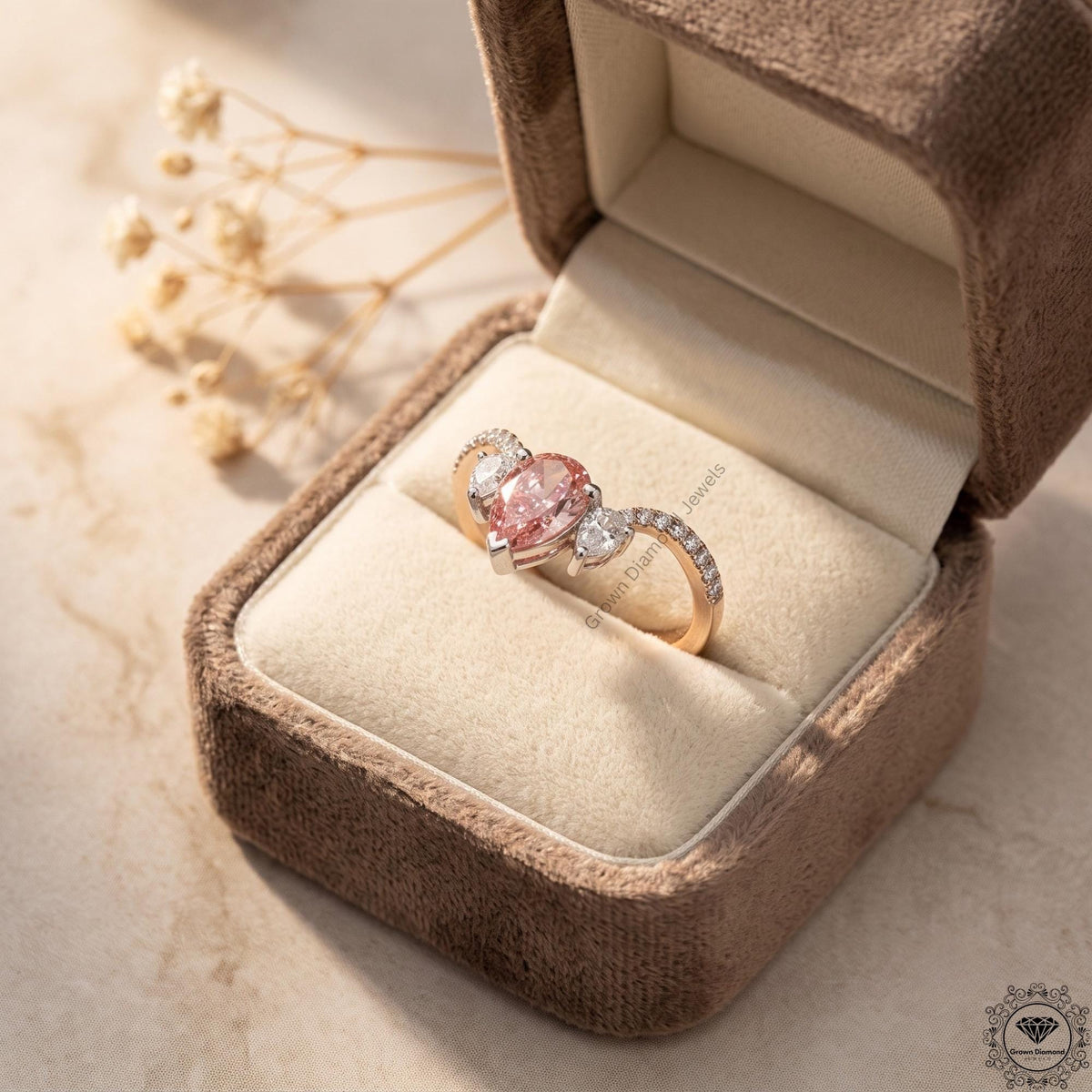 Pink Pear Lab Grown Diamond Three Stone Engagement Ring
