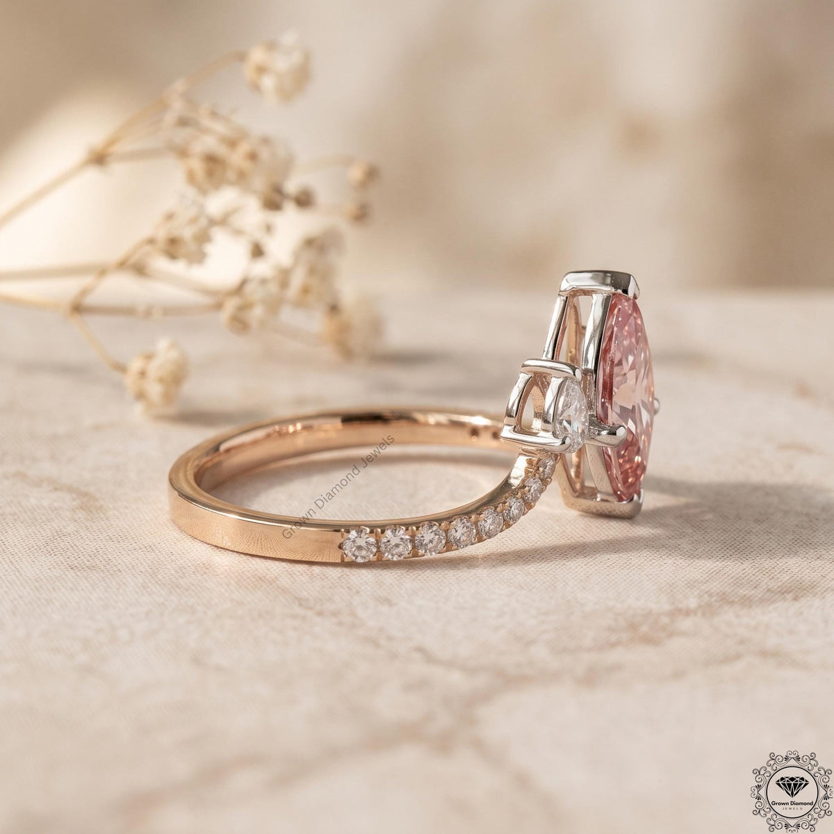 Pink Pear Lab Grown Diamond Three Stone Engagement Ring