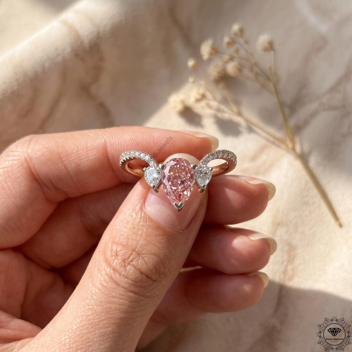 Pink Pear Lab Grown Diamond Three Stone Engagement Ring