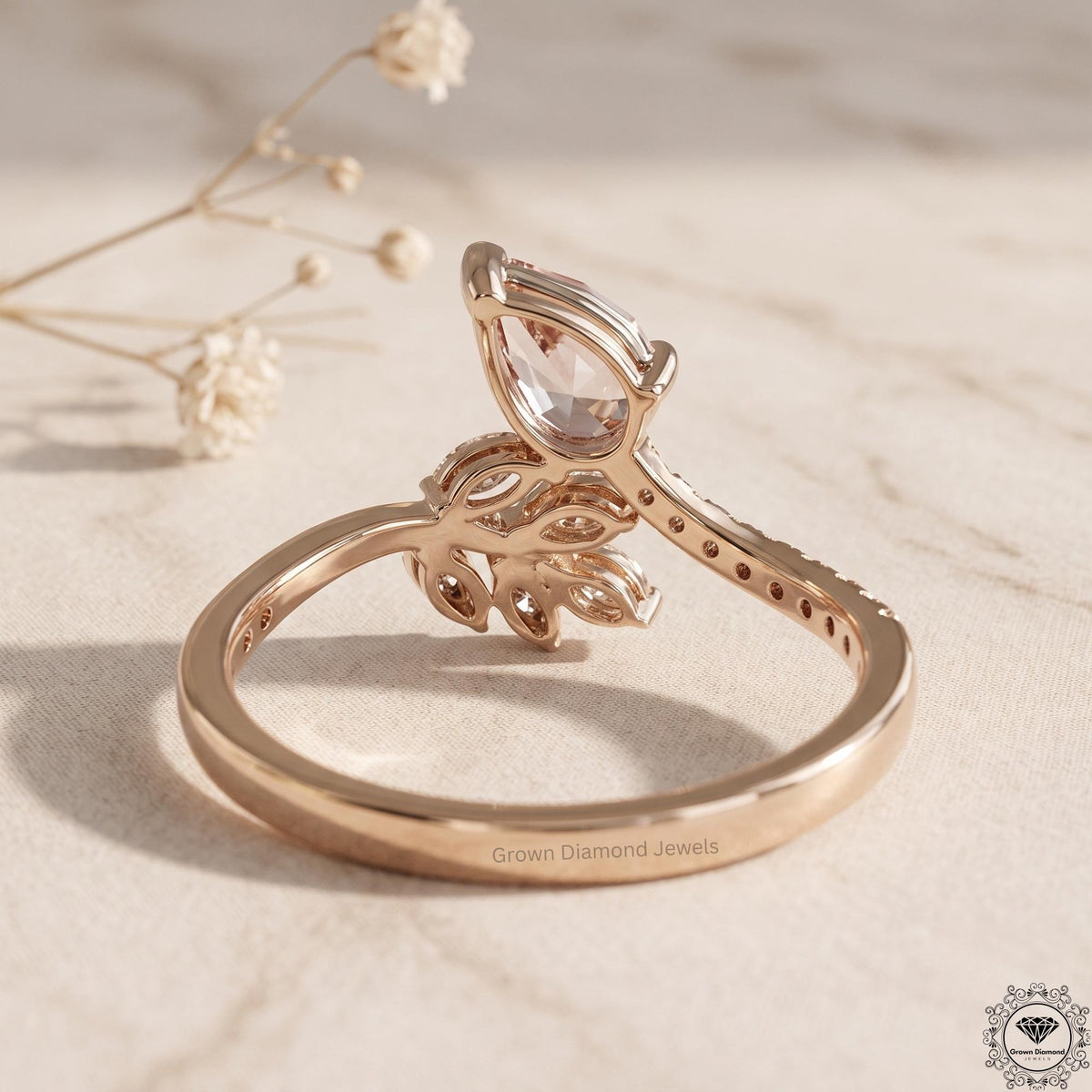 Pink Pear Lab Diamond Nature Inspired Leaf Engagement Ring
