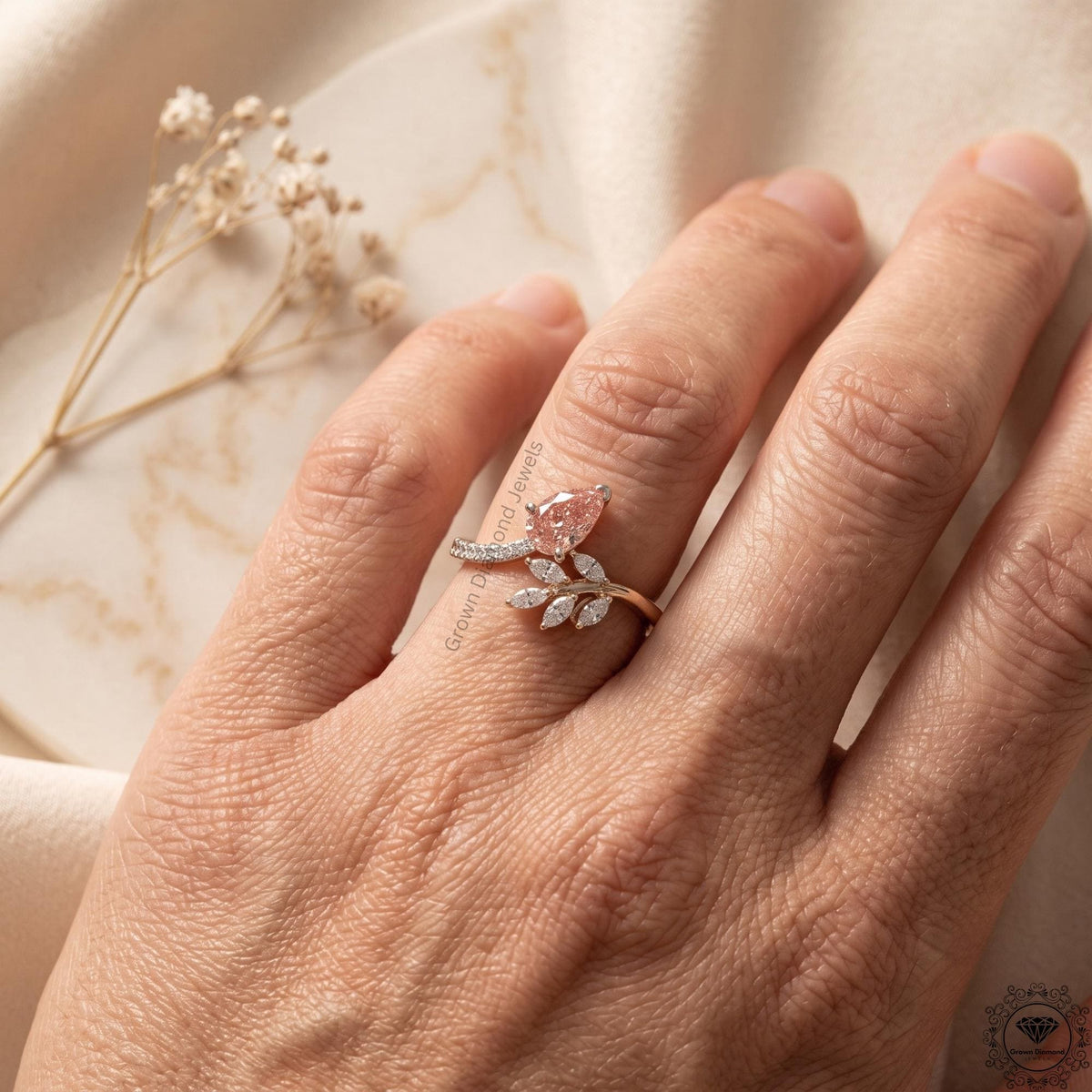 Pink Pear Lab Diamond Nature Inspired Leaf Engagement Ring