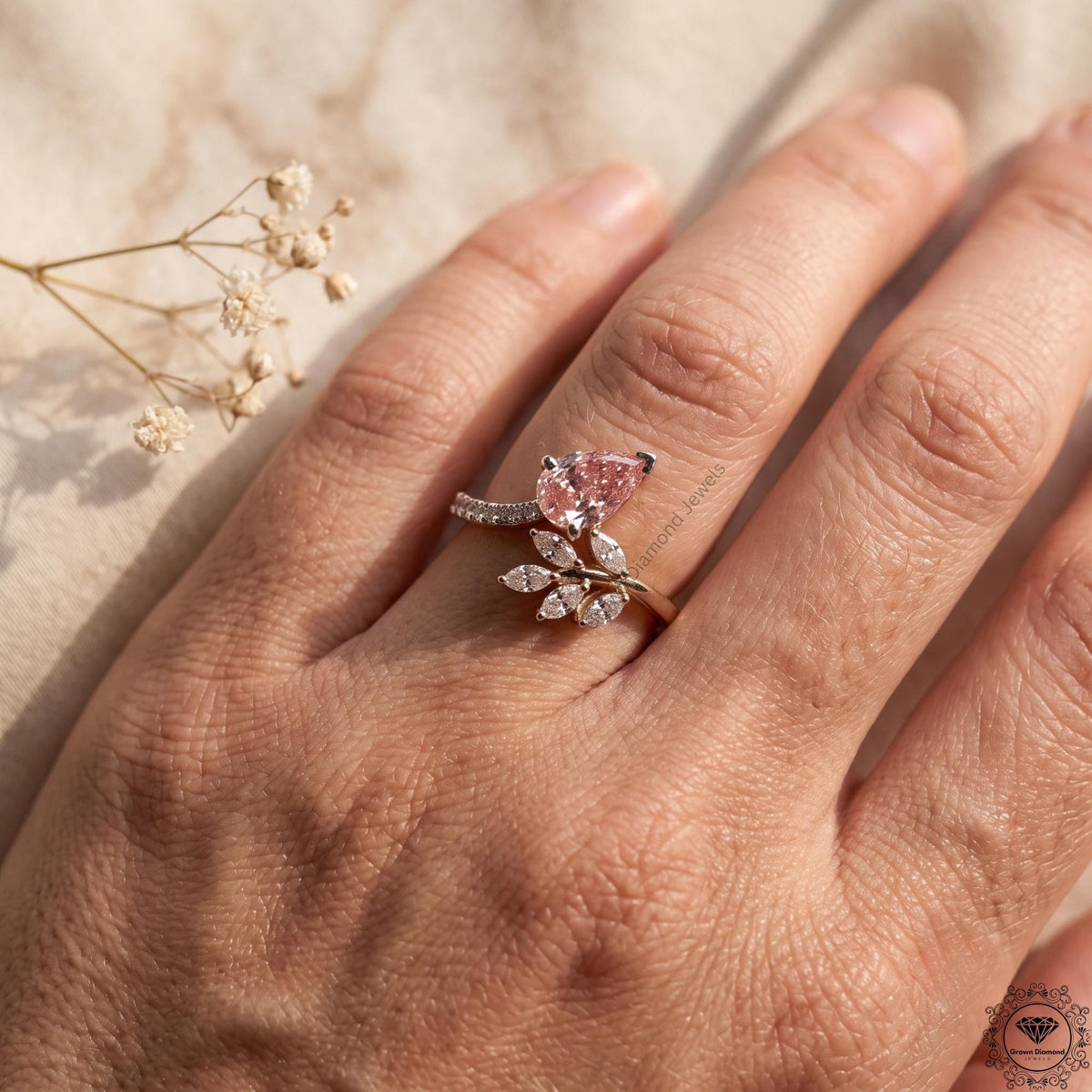 Pink Pear Lab Diamond Nature Inspired Leaf Engagement Ring