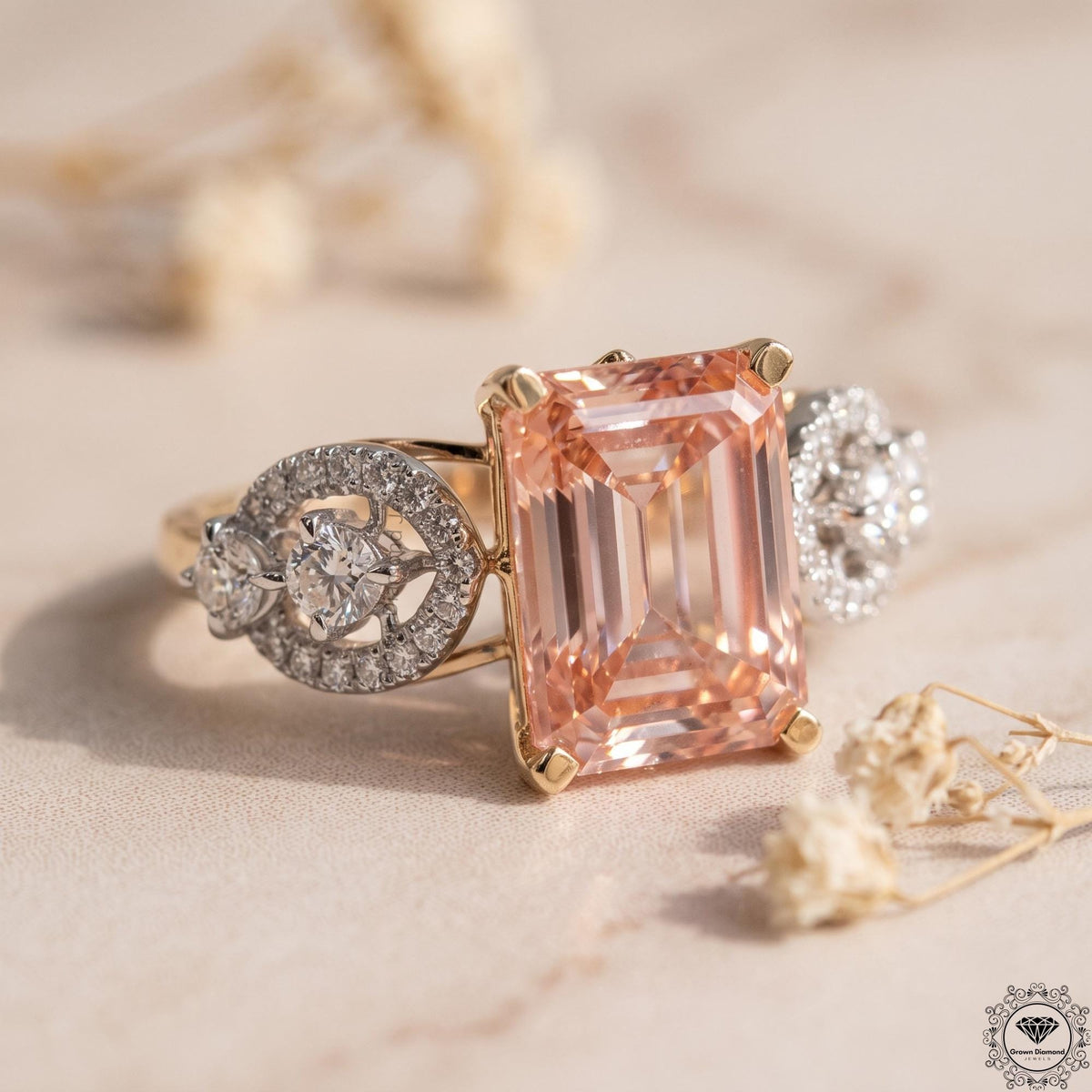3ct Emerald Cut Intense Pink Lab Grown Diamond Wedding Ring