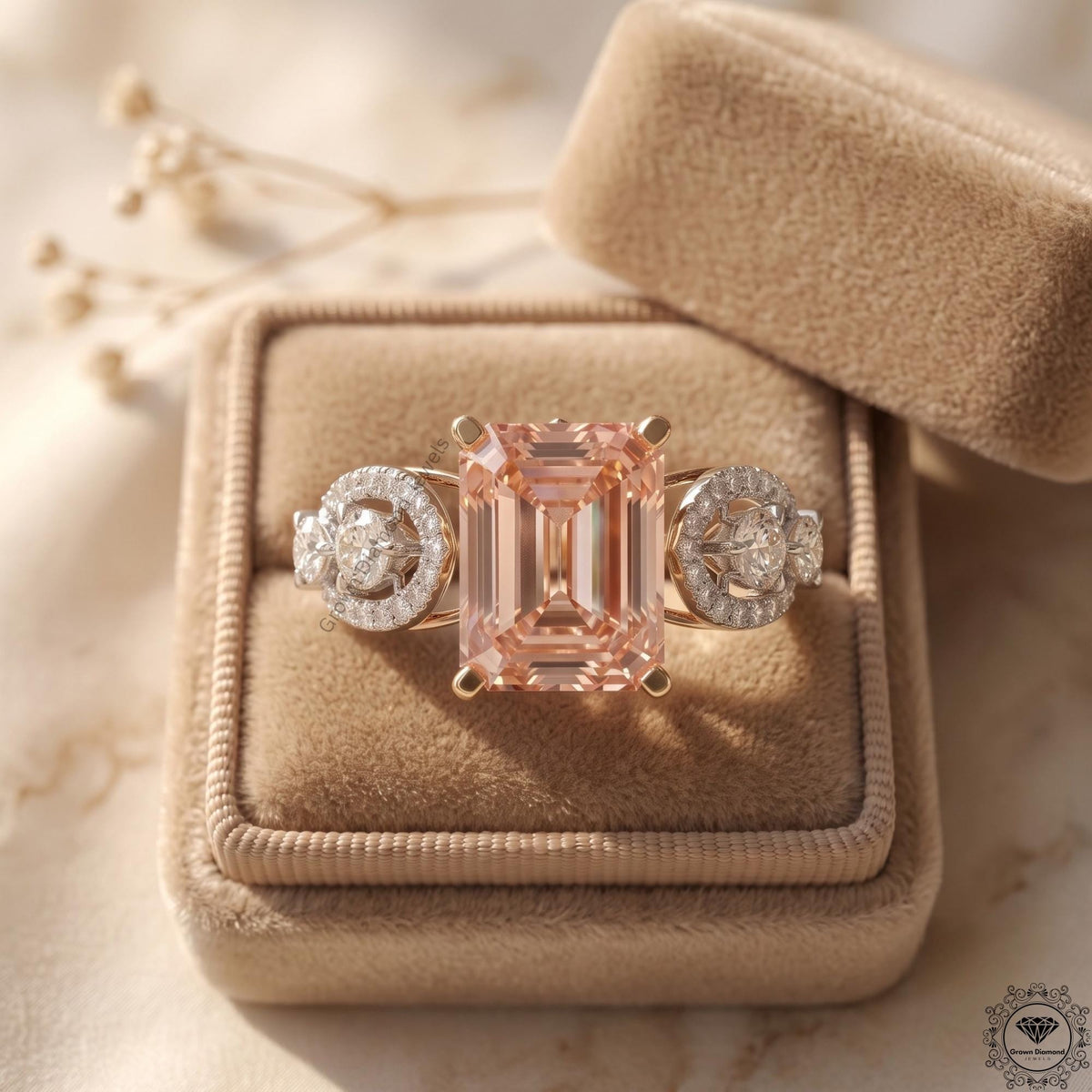 3ct Emerald Cut Intense Pink Lab Grown Diamond Wedding Ring