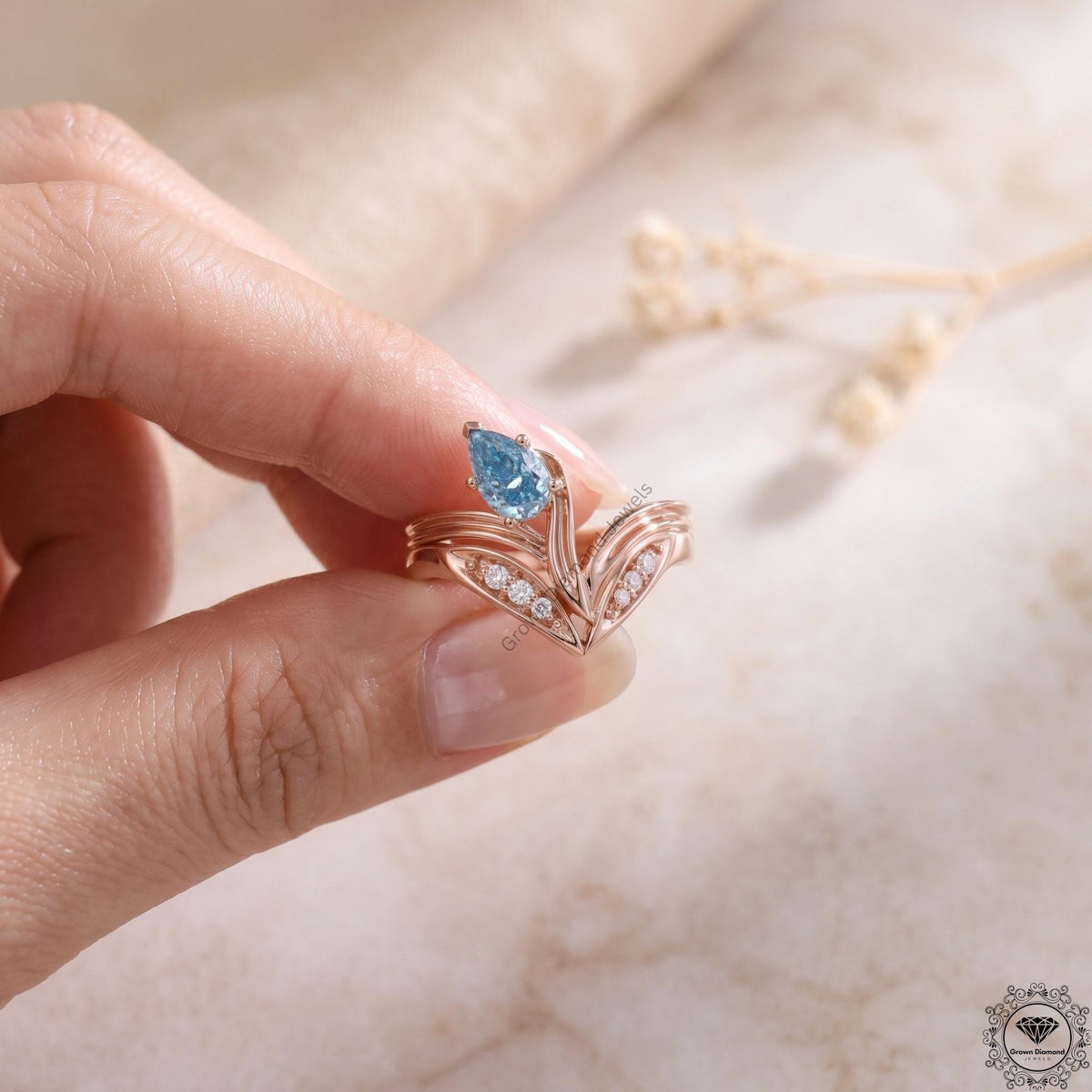 Blue Lab Diamond Art Deco Pear Engagement Ring 14K Gold