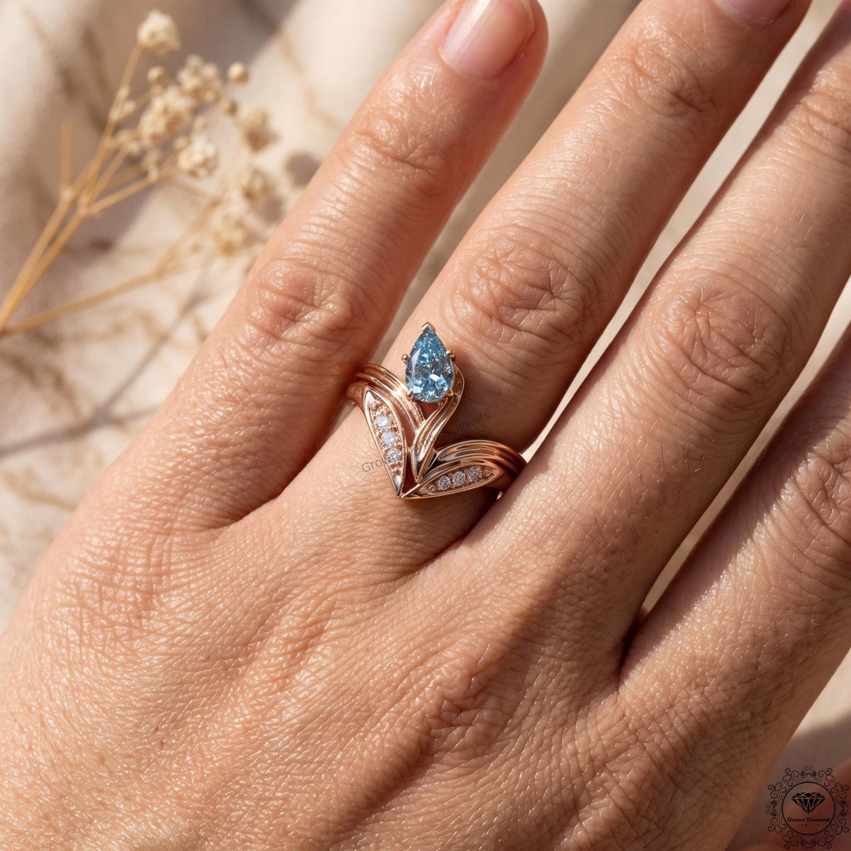 Blue Lab Diamond Art Deco Pear Engagement Ring 14K Gold