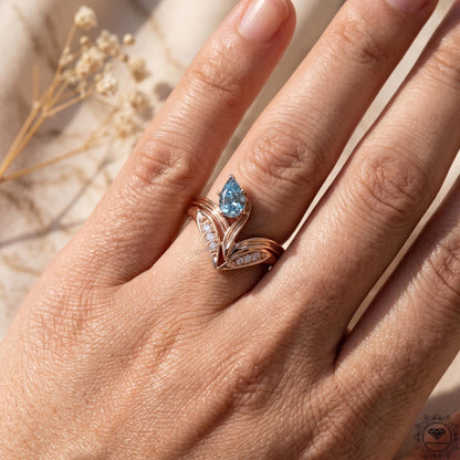 Blue Lab Diamond Art Deco Pear Engagement Ring 14K Gold