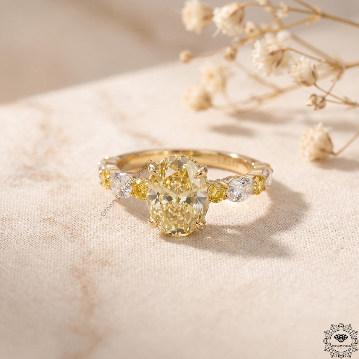 Intense Yellow Oval Lab Grown Diamond Hidden Halo Ring