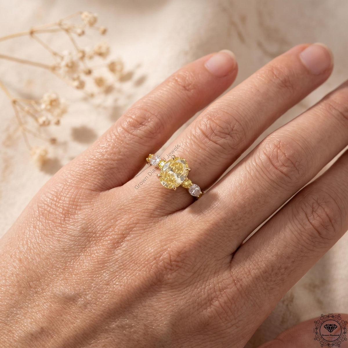 Intense Yellow Oval Lab Grown Diamond Hidden Halo Ring