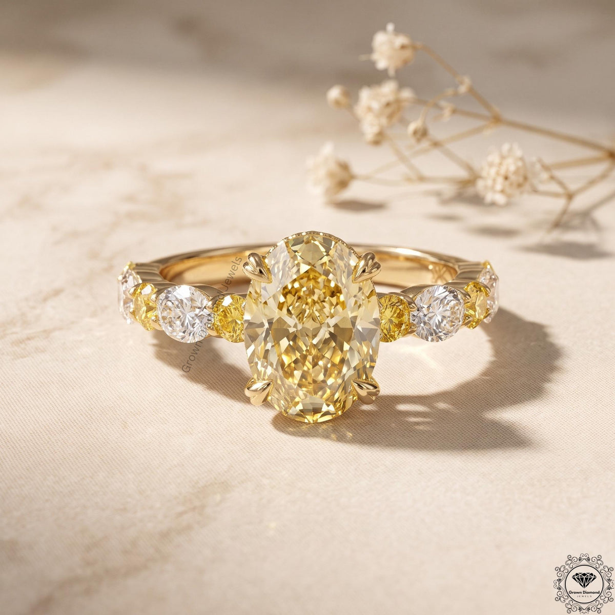 Intense Yellow Oval Lab Grown Diamond Hidden Halo Ring