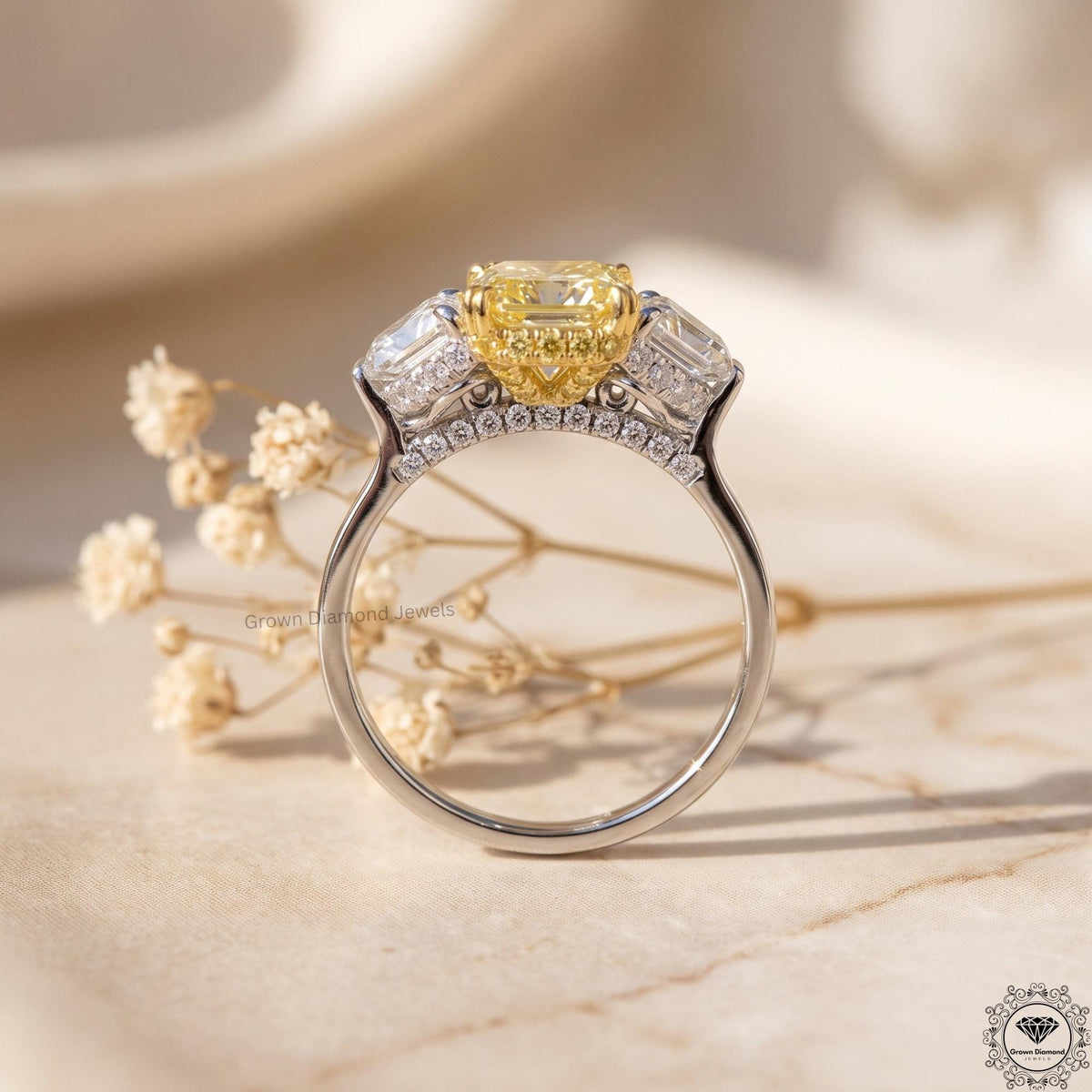 Radiant cut yellow lab grown diamond 3 stone Hidden Halo ring