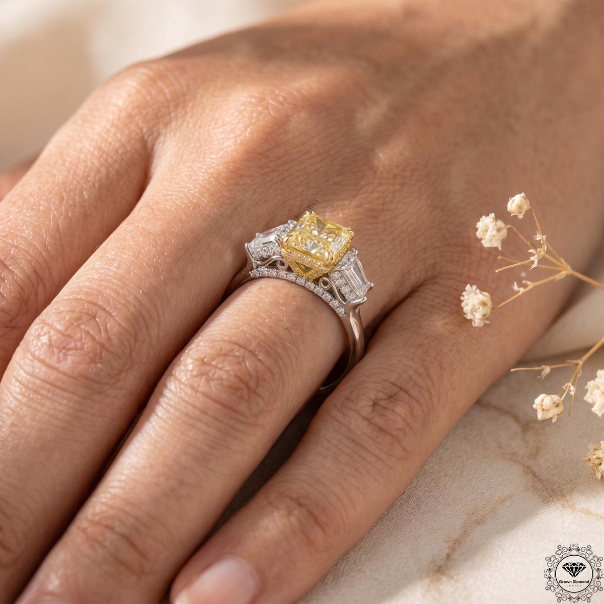Radiant cut yellow lab grown diamond 3 stone Hidden Halo ring