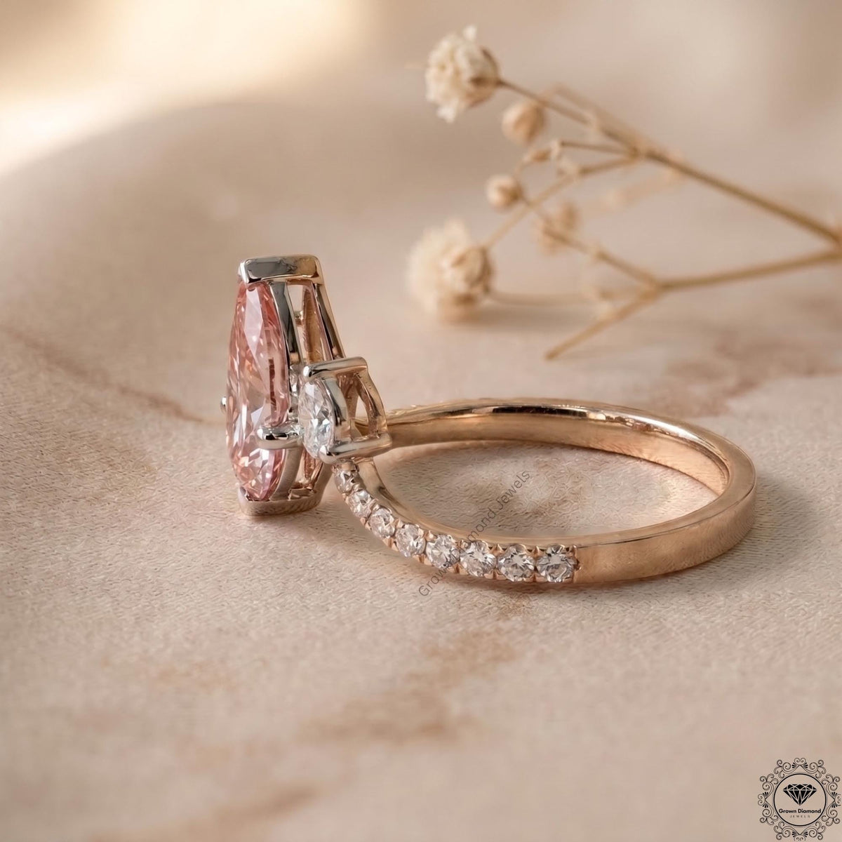 Pink Pear Lab Grown Diamond Three Stone Engagement Ring