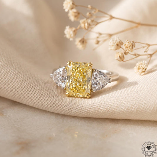 Radiant cut yellow lab grown diamond 3 stone Hidden Halo ring