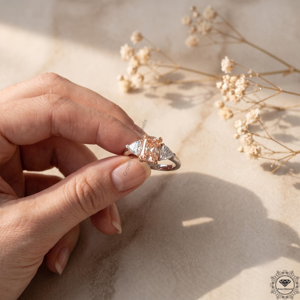 Radiant Cut Vivid Pink Lab Grown Diamond 3 Stone Wedding Ring
