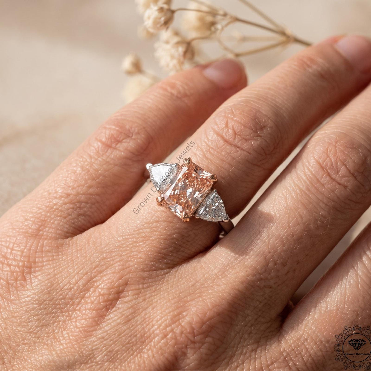 Radiant Cut Vivid Pink Lab Grown Diamond 3 Stone Wedding Ring