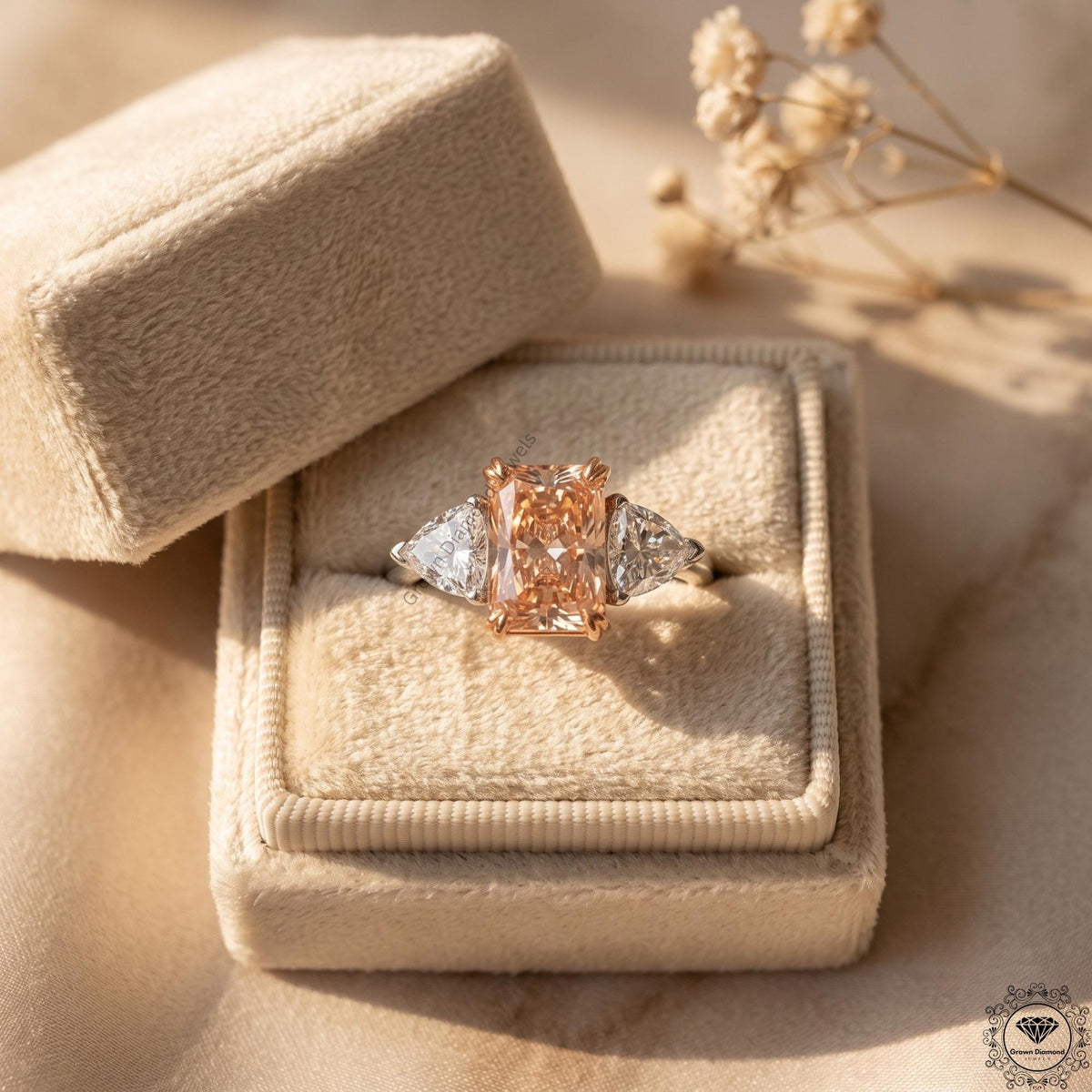 Radiant Cut Vivid Pink Lab Grown Diamond 3 Stone Wedding Ring