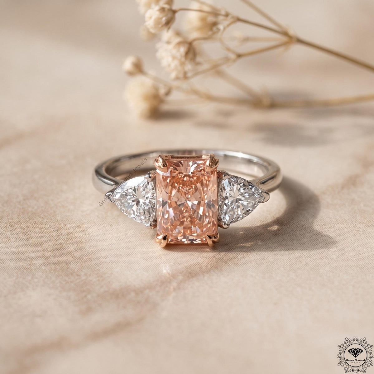 Radiant Cut Vivid Pink Lab Grown Diamond 3 Stone Wedding Ring
