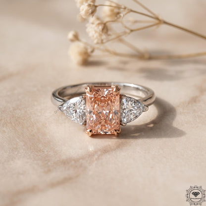 Radiant Cut Vivid Pink Lab Grown Diamond 3 Stone Wedding Ring
