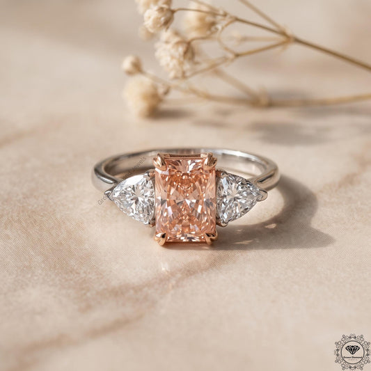 Radiant Cut Vivid Pink Lab Grown Diamond 3 Stone Wedding Ring