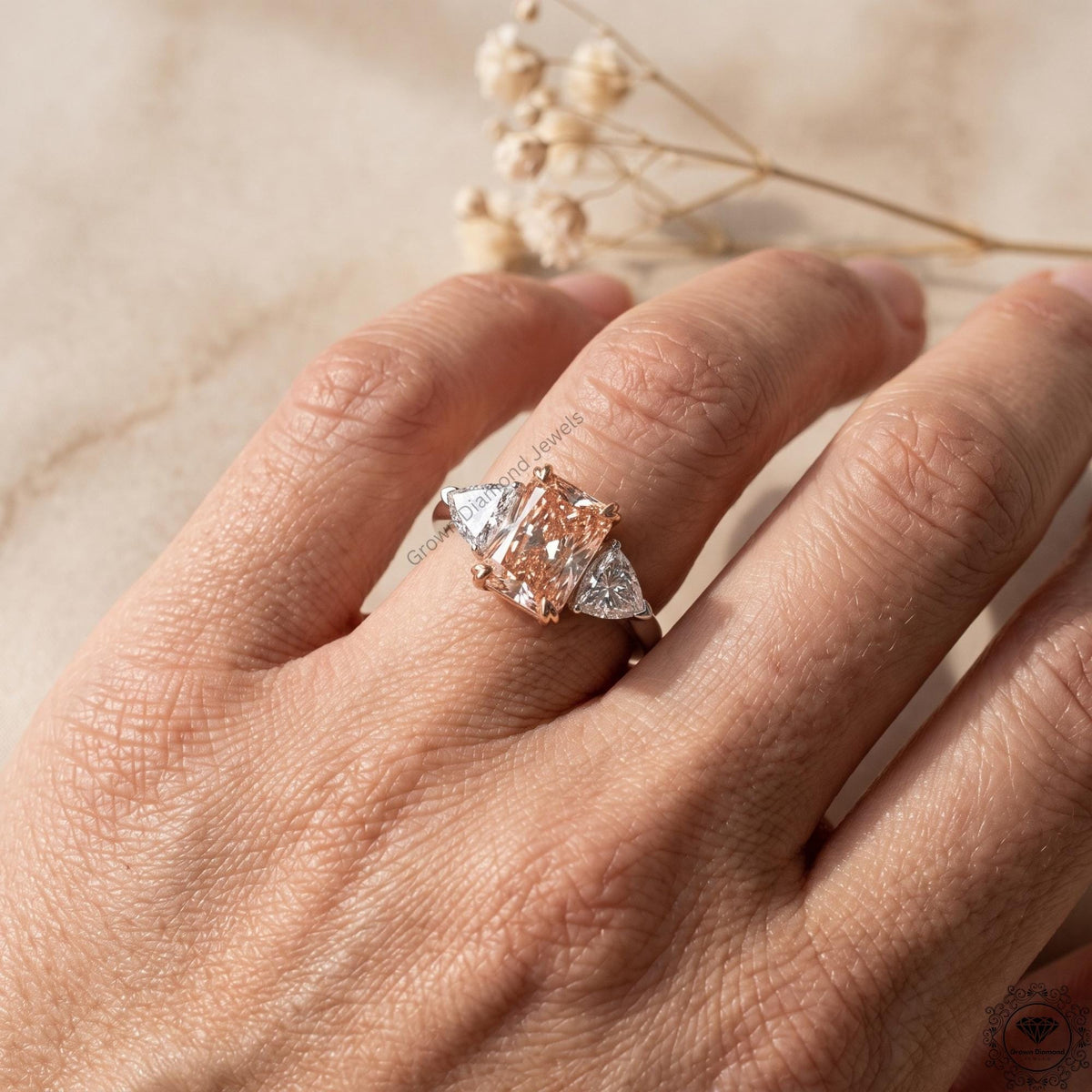 Radiant Cut Vivid Pink Lab Grown Diamond 3 Stone Wedding Ring