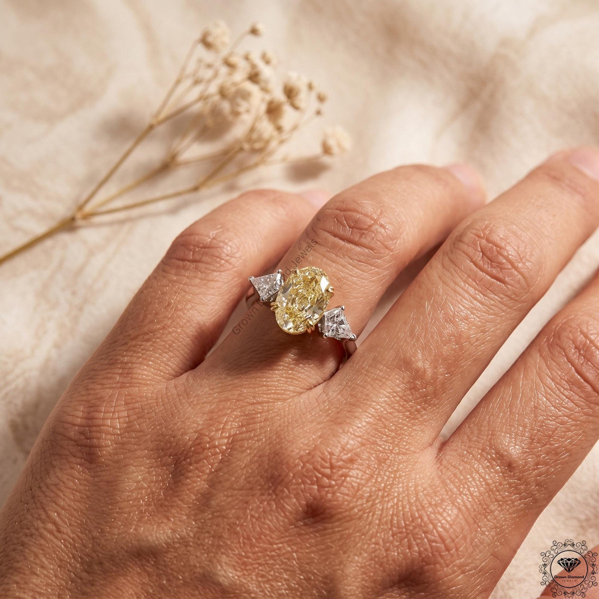 Intense Yellow Oval Lab Grown Diamond 3 Stone Engagement Ring