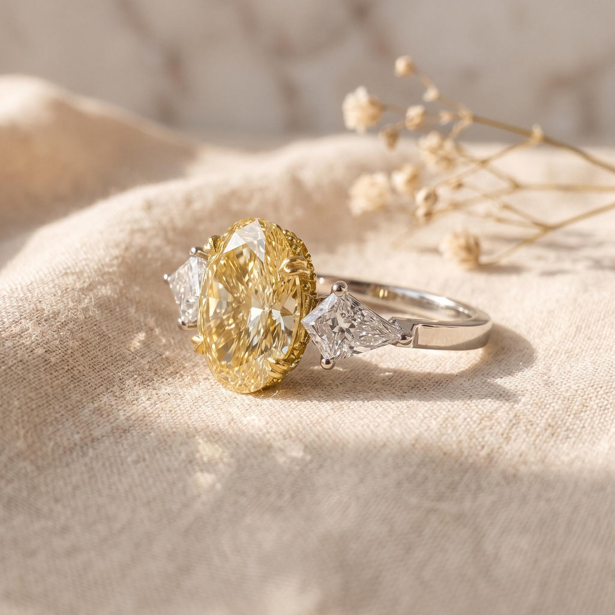 Intense Yellow Oval Lab Grown Diamond 3 Stone Engagement Ring