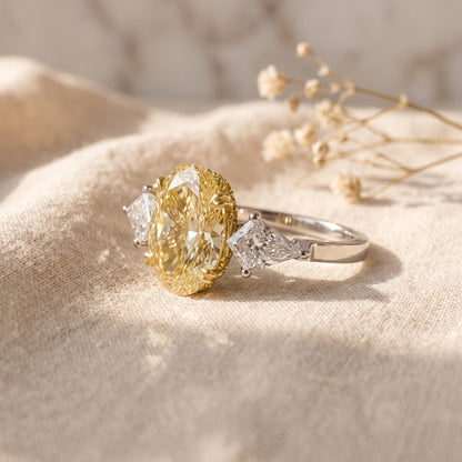 Intense Yellow Oval Lab Grown Diamond 3 Stone Engagement Ring