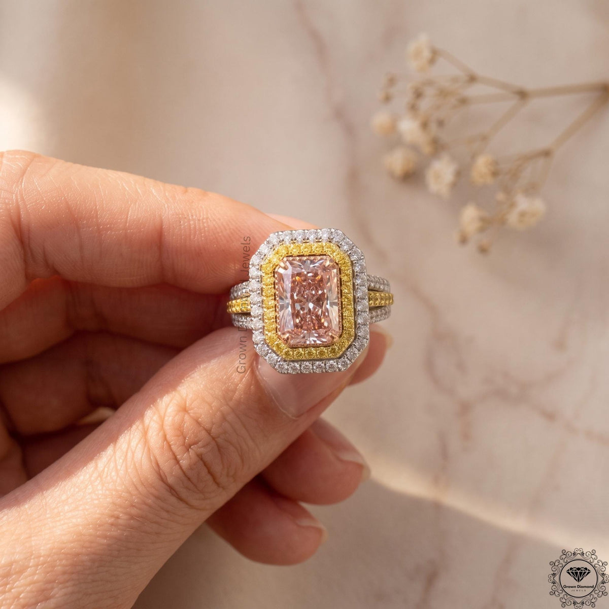 Radiant Cut Vivid Pink Lab Grown Diamond Halo Split Shank Ring