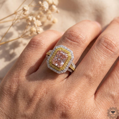Radiant Cut Vivid Pink Lab Grown Diamond Halo Split Shank Ring