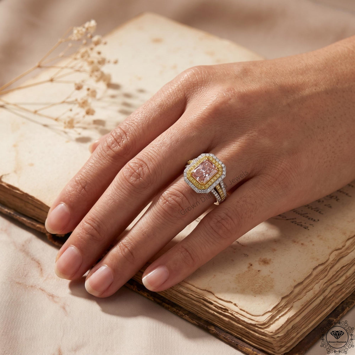 Radiant Cut Vivid Pink Lab Grown Diamond Halo Split Shank Ring