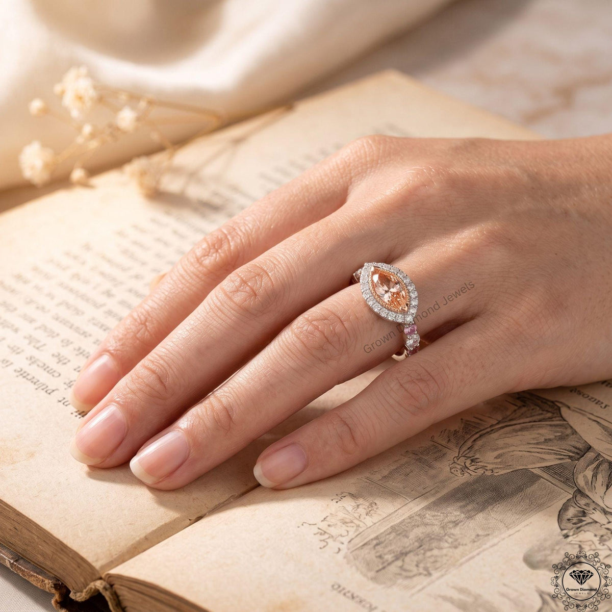 Vivid Pink Lab Grown Diamond Marquise Halo Engagement Ring