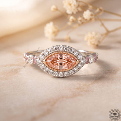 Vivid Pink Lab Grown Diamond Marquise Halo Engagement Ring