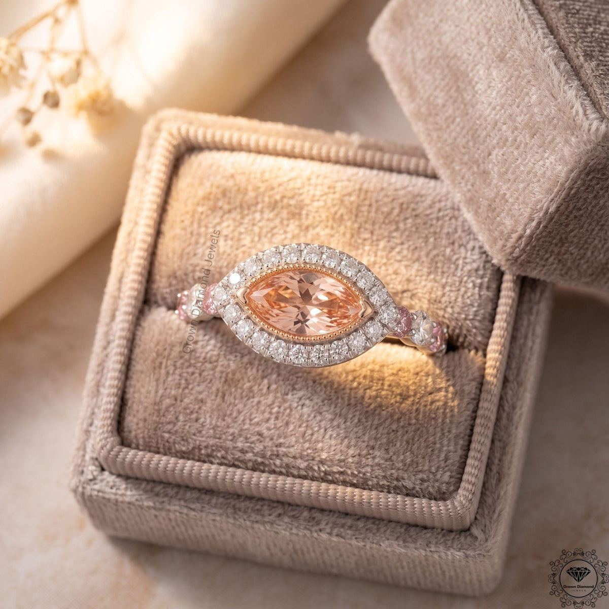 Vivid Pink Lab Grown Diamond Marquise Halo Engagement Ring