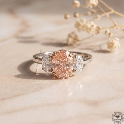Pink Lab Grown Diamond Oval Three Stone Engagement Ring
