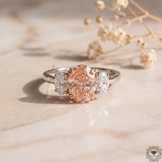 Pink Lab Grown Diamond Oval Three Stone Engagement Ring