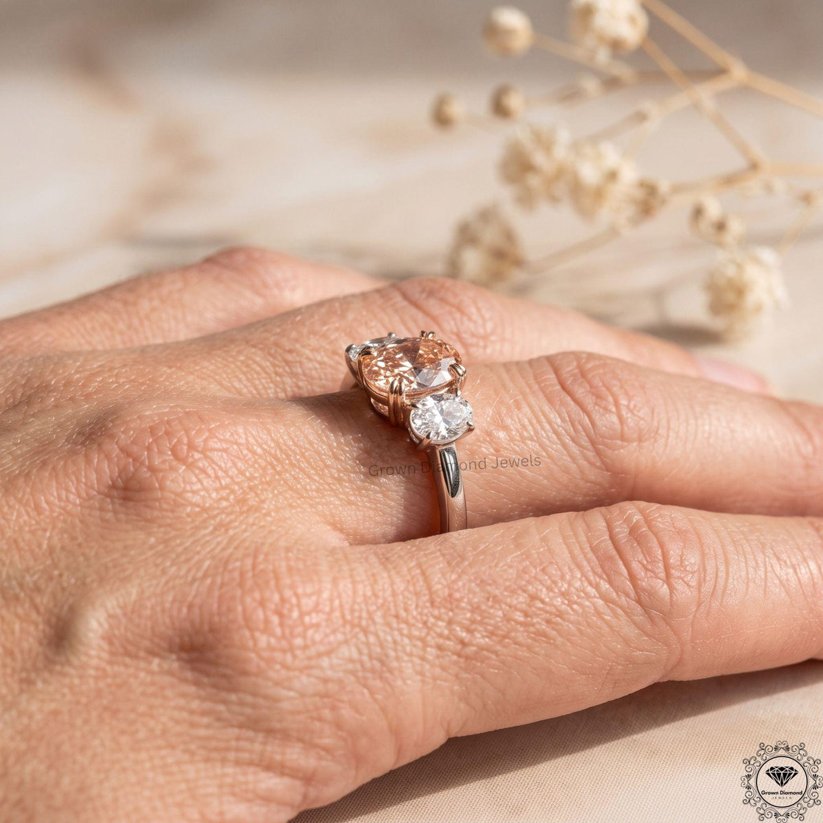 Pink Lab Grown Diamond Oval Three Stone Engagement Ring