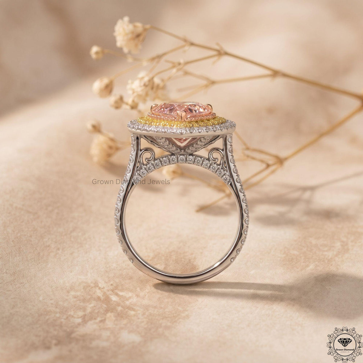 Pink Heart Lab Grown Diamond Engagement Double Halo Ring