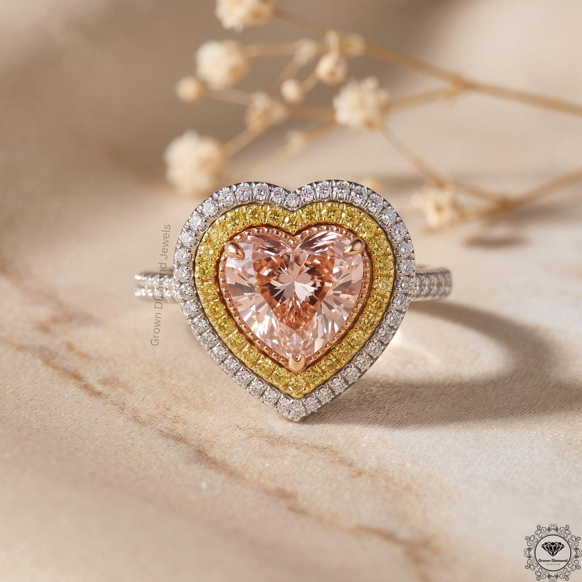 Pink Heart Lab Grown Diamond Engagement Double Halo Ring