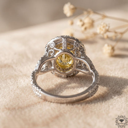 Fancy Intense Yellow Oval Lab Grown Diamond Double Halo Ring