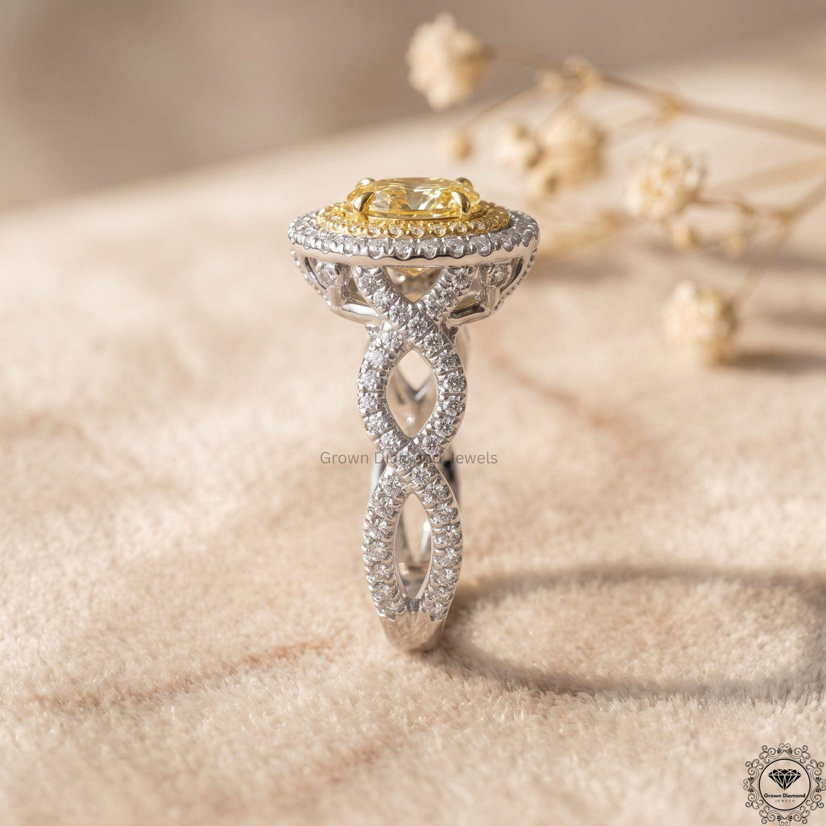 Fancy Intense Yellow Oval Lab Grown Diamond Double Halo Ring