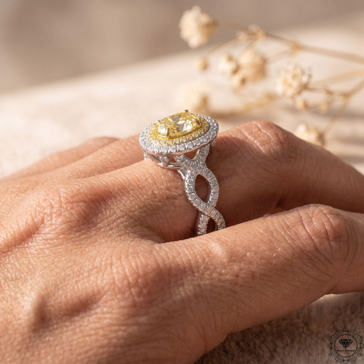 Fancy Intense Yellow Oval Lab Grown Diamond Double Halo Ring