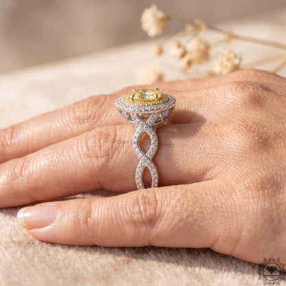 Fancy Intense Yellow Oval Lab Grown Diamond Double Halo Ring