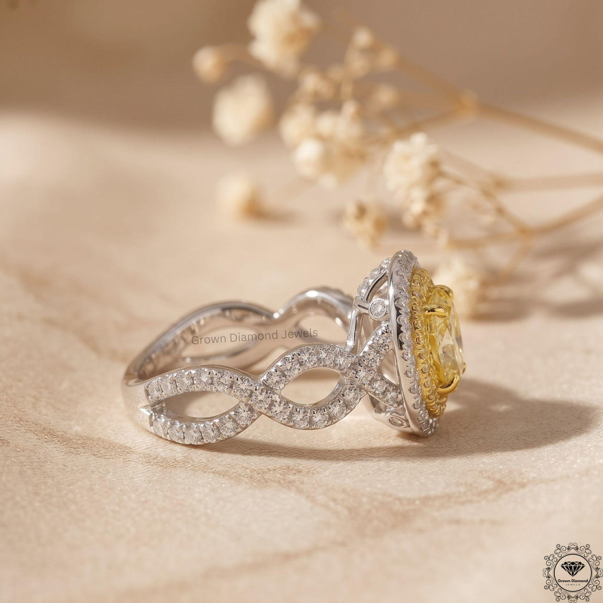 Fancy Intense Yellow Oval Lab Grown Diamond Double Halo Ring