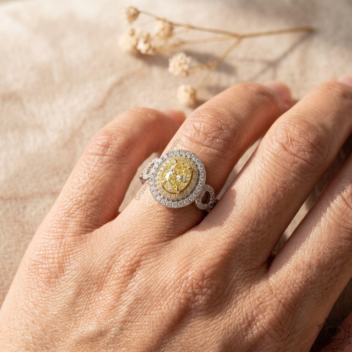 Fancy Intense Yellow Oval Lab Grown Diamond Double Halo Ring