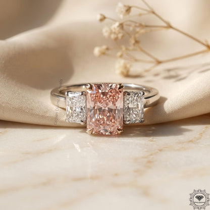 Radiant Cut Pink Lab Grown Diamond 3 Stone Anniversary Ring
