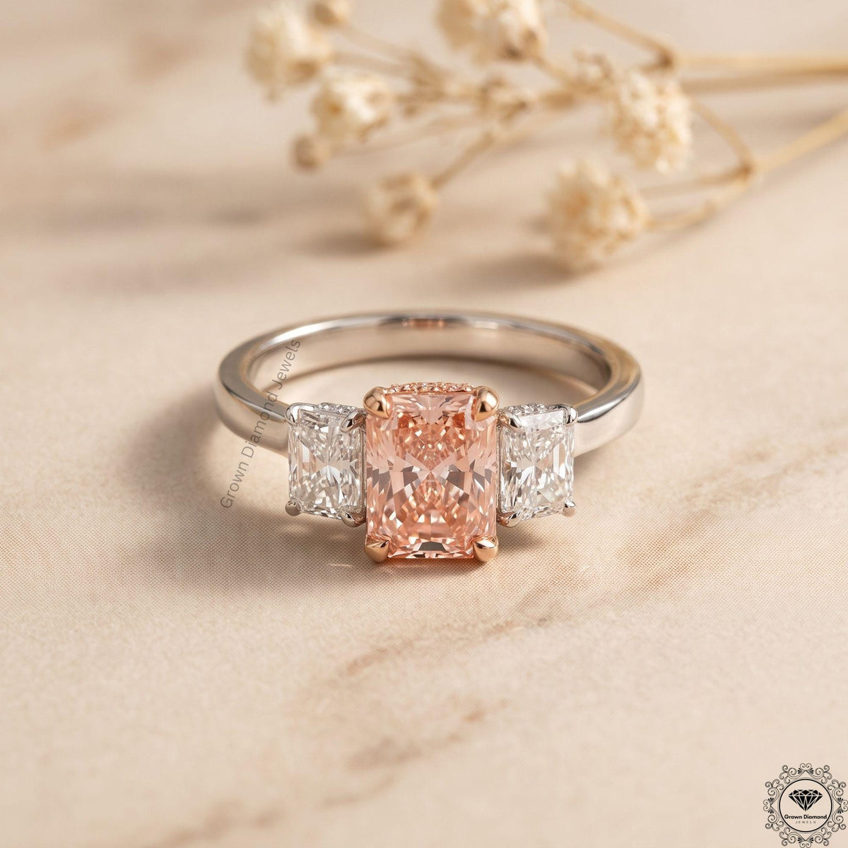 Radiant Cut Pink Lab Grown Diamond 3 Stone Anniversary Ring